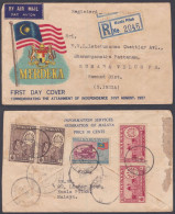 Federation Of Malaya 1957 Used Registered FDC TO India, Independence, Mosque, Tin Dredge, Tiger, Flag, First Day Cover - Fédération De Malaya