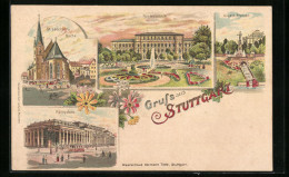 Lithographie Stuttgart, St. Leonhards Kirche, Polytechnikum, Eugens Brunnen, Königsbau  - Stuttgart