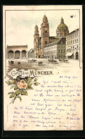 Vorläufer-Lithographie München, 1894, Strassenpartie Vor Der Theatinerkirche  - Muenchen