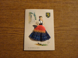 Carte Brodée "En Franche Comté" - Jeune Femme Costume Brodé/Tissu - 10,5x15cm Env. - Embroidered