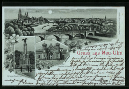 Mondschein-Lithographie Neu-Ulm, Ortsansicht Mit Brücke, Portal Friedens-Kaserne  - Neu-Ulm