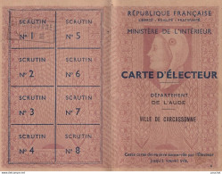 03-  CARTE D ELECTEUR - VILLE DE CARCASSONNE - DEPARTEMENT DE L ' AUDE - 16° BUREAU GREZES - HERMINIS - 1953 -2 SCANS - Documents Historiques
