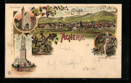 Lithographie Achern, Nikolauskapelle, Allerheiligen-Wasserfälle, Leopold-Denkmal  - Achern