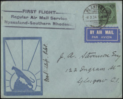 PV 5 - 8/3/1934 - First Flight Nyasaland Southern Rhodesia. Letter "Leopard" Sent From Nyasaland To Scotland. - Nyassaland (1907-1953)
