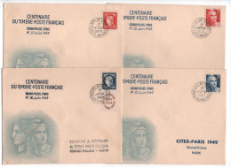 France : FDC -1 6 1949 - Centenaire Du Timbre -4 Enveloppes Et 4 Valeurs - Obli Grand Palais- Yvert FDC N° 830 A 833 - ....-1949