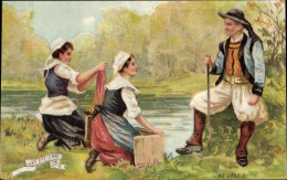CPA Bretagne, Wäscherinnen In Trachten Am Flussufer, Reklame, Chicoree A La Belle Jardiniere, Beriot - Costumes