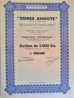 Usines Annoye - Action De 1000 Francs - 1950 - Walhain - Saint-Paul - Other & Unclassified
