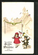 AK Kinder Winken Mit Flaggen Auf Der Strasse, Neujahrsgruss  - Guerre 1914-18