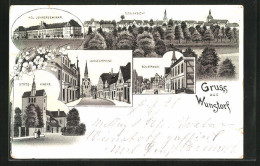 Lithographie Wunstorf, Langestrasse, Kgl. Lehrerseminar, Stiftskirche  - Wunstorf