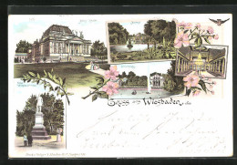 Lithographie Wiesbaden, Kaiser Wilhelm-Denkmal, Neues Theater, Kurhaus  - Théâtre