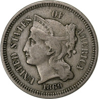 États-Unis, Nickel 3 Cents, 1869, Philadelphie, Cupro-nickel, TTB+, KM:95 - 2, 3 & 20 Cent