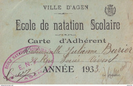 VILLE D ' AGE - ECOLE DE NATATION SCOLAIRE - CARTE D ' ADHERENT ANNEE 1933 - Cartes De Membre