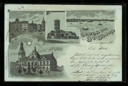Mondschein-Lithographie Duisburg, Friedrich Wilhelm Platz, Wasserthurm, Rheinbrücke, Neues Rathaus  - Duisburg