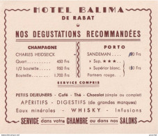C20- RABAT (MAROC) HOTEL BALIMA - NOS DEGUSTATIONS RECOMMANDEES - CHAMPAGNE - PORTO - WHISKY - Cartes De Visite