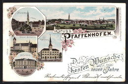 Lithographie Pfaffenhofen, Schulhaus, Kloster Scheyern, Hauptplatz, Rathaus, Panorama  - Pfaffenhofen