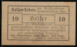 Notgeld Heidenreichstein 1920, 10 Heller, Bürgermeister Raim. Mader  - Autriche