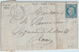 FRANCE - 1871 25c Cérès T.I Yv.60A Obl. "BEL.P" (Belfort à Paris) & TàD "GARE DE TROYES" Sur LAC Pour Rouen - 1871-1875 Cérès