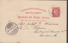 Norway UPU Postal Stationery Ganzsache Entier 10 Øre Posthorn KRISTIANIA 1894 DRESDEN (Arr.) Germany (2 Scans) - Postwaardestukken