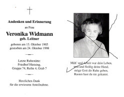 Sterbebild Veronika Widmann Geb. Leitner Wien Gest. 1998 - Images Religieuses