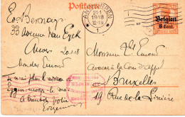 BELGIQUE.1918 ANTWERPEN. CENSURE.. ENTIER POSTAL "GERMANIA"  Surchargé "BELGIEN". - Occupation Allemande