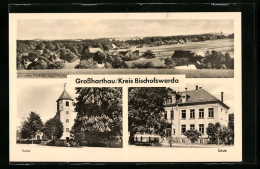 AK Grossharthau Bei Bischofswerda, Kirche, Schule, Panorama  - Grossharthau