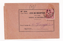 Lettre 1908 Avis De Réception D'un Objet Chargé Ou Recommandé Angers Maine Et Loire Type Mouchon - 1900-02 Mouchon