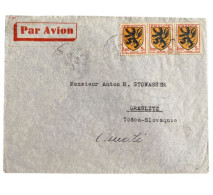 !!! FRANCE, LETTRE PAR AVION DE PARIS  POUR LA TCHÉCO-SLOVAQUIE AFFRANCH BANDE DE 3 BLASONS DE FLANDRES - 1927-1959 Covers & Documents