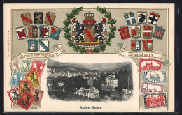 Präge-AK Baden-Baden, Teilansicht Mit Wappen- Und Briefmarkenpassepartout  - Timbres (représentations)