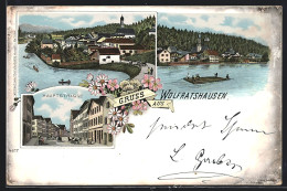 Lithographie Wolfratshausen, Teilansicht Mit Kirche, Hauptstrasse, Uferpartie Mit Flössern  - Wolfratshausen