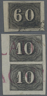 Brazil: 1849, Verticais, 10r. Black Vertical Corner Pair (lower Left) Used With - Oblitérés