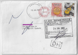 Brazil 2003 Returned To Sender Cover From Florianópolis Musical Instrument Drum +Guitar +meter Stamp Cancel After Hour - Briefe U. Dokumente