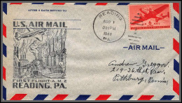 12168 Am 2 Reading 1/8/1941 Premier Vol First Flight Lettre Airmail Cover Usa Aviation - 2c. 1941-1960 Lettres