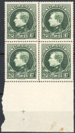 [** SUP] N° 290A, 20F Vert-gris En Bloc De 4. Bord De Feuille - Fraîcheur Postale - Cote: 1900€ - 1929-1941 Groot Montenez