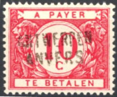 [** SUP] TX27B, 10c Rouge Surcharge 'Anvers - Antwerpen' - Rare Dentelure 14 - Stamps