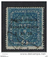 VENEZIA  GIULIA:  1918   SOPRASTAMPATO  - 2 K. AZZURRO  US. - TIMBRETTO  PERITALE  -  SASS. 15  -  BBB - Venezia Giulia