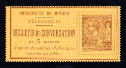 MONACO 1886 - Yvert N° 1 Timbre-Téléphone, Sans Trace De Charnière, 50c Brun Sur Jaune, TB - Telefono