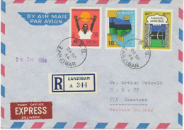 ZANZIBAR 1964, Definitives Revolution 20 C., 50 C. And 10 Sh. On Superb Registered Express Delivery Airmail Cover With R - Zanzibar (1963-1968)