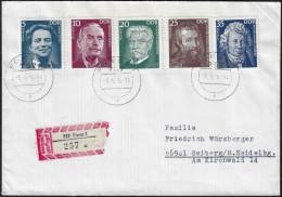 Allemagne De L'Est 1975 Y&T 1706 à 1710 Sur Lettre Recommandée. Thomas Mann, Albert Schweitzer, Michel-Ange, Ampère - Albert Schweitzer