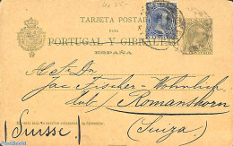 Spain 1893 Postcard 5c, Uprated To Switzerland. Second Line 112mm, Used, Used Postal Stationary - Covers & Documents