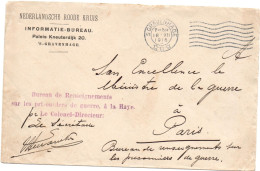PAYS-BAS.1915.ROODE KRUIS.BUREAU RENSEIGNEMENTS PRISONNIERS DE GUERRE A LA HAYE. (HOLLAND). VIA FRANCE - Covers & Documents