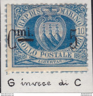 1892 SAN MARINO, N° 8y 5c. Su 10c. Azzurro MLH/* G.mi Invece Di C.mi - Errors, Freaks & Oddities (EFO)