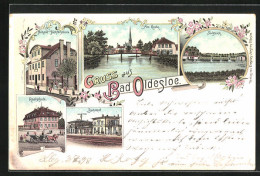 Lithographie Bad Oldesloe, Bahnhof, Salzteich, Höhere Töchterschule, Realschule  - Bad Oldesloe