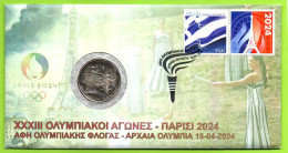 Greece 2024 Olympic Games, Paris Olympics, Olympic Flame In Ancient Olympia, FDC Cover +Coin (**) - Briefe U. Dokumente