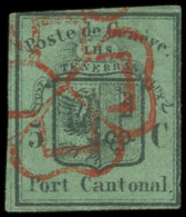 SUISSE 3 : 5c. Noir S. Vert, Port Cantonal, Obl., Aminci - 1843-1852 Timbres Cantonaux Et  Fédéraux