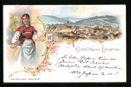Lithographie Liestal, Totalansicht, Frau In Tracht, Wappen  - Liestal
