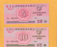 2 BILLETS  .  KOREA  NORTH  .  5 & 10 WON   .  1988   .   2 SCANNES  .  ETAT LUXE / UNC - Corea Del Nord