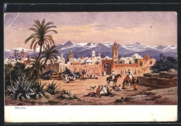 Künstler-AK Friedrich Perlberg: Marokko, Kamelreiter Am Zelt Vor Der Stadt, Gebirgspanorama  - Perlberg, F.