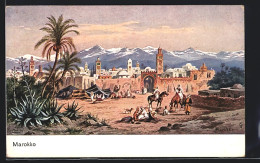 Künstler-AK Friedrich Perlberg: Marokko, Kamelreiter Am Zelt Vor Der Stadt, Gebirgspanorama  - Perlberg, F.