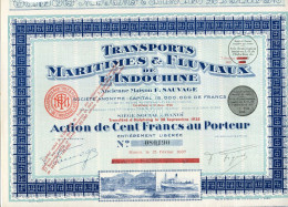 TRANSPORTS MARITIMES Et FLUVIAUX De L'INDOCHINE - Anc. Maison F. Sauvage;  Action De 100 Francs - Azië