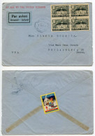 Finland 1947 Airmail Cover; Helsinki To Philadelphia PA; 5m. Porvoo Old Town Hall, Block Of Four; Christmas Seal - Covers & Documents